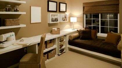 A bedroom converted into a home office.