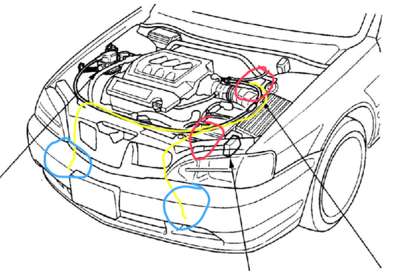 Schematic. 

Yellow - wires

Red - T taps

Blue - connectors