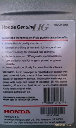 Honda ATF DW 1 Back Label