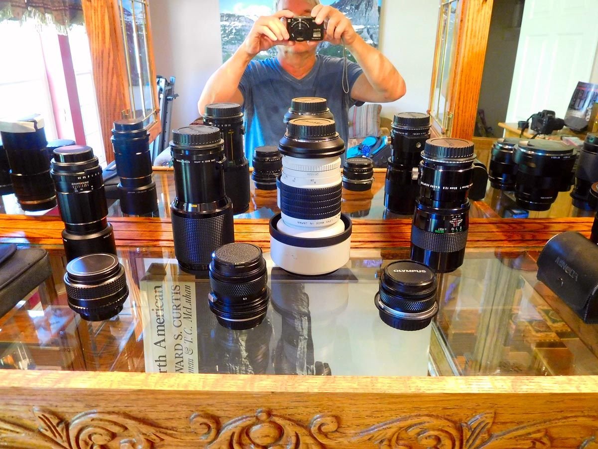 Mamiya 645, Vivitar Series One, Pentax, and a couple of Olympus Lenses