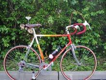 '85? Cornelo Triomphe 'crinped' Columbus Alle (Bilato Bros?) with mostly Campagnolo Triomphe crank, derailleurs, calipers, Campi Doppler shift, Brooks Colt, shipmano hubs laced to red Ambrosio Montreal rims with Crow's Foot lacing
