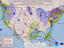US Lower 48 Forecast for 24 Hours beginning 0700 Saturday 1/25/2020.