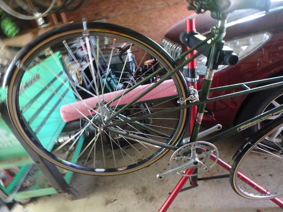 Rear wheel in place with Mafac caliper and fender tryout.   I think they will work.