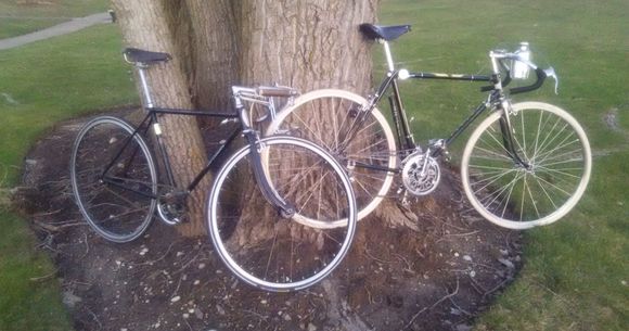 66 Schwinn Racer fixed gear and 57 JC Higgins 2x3x3 both bikes riding on 700c
