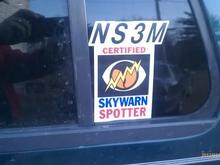Being an Amateur Radio guy and Advanced SKywarn Spotter trained volunteer through both the State College, PA. National Weather Service AND Buffalo, NY. offices, I procured decals for my Skywarn certification and picked up some decals for my Amateur Radio callsign on all sides of the Jimmy. Pic taken March 6th.