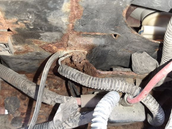 Under the battery box on the core support.