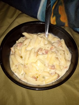 Bacon and steak in some creamy Alfredo sauce and noodles