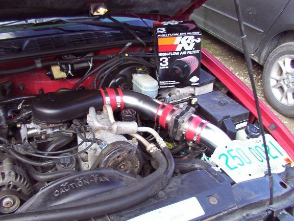 Bomz intake, K&amp;N filter, and aluminum heat shield with cover on.