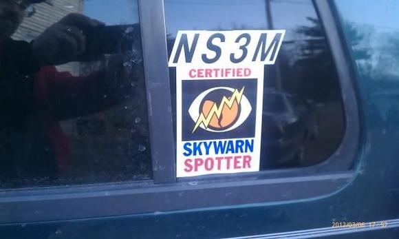 Being an Amateur Radio guy and Advanced SKywarn Spotter trained volunteer through both the State College, PA. National Weather Service AND Buffalo, NY. offices, I procured decals for my Skywarn certification and picked up some decals for my Amateur Radio callsign on all sides of the Jimmy. Pic taken March 6th.