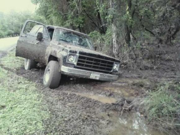 You ever get that feeling of being up sh*t creek as soon as your front tires drop in a mud hole. You can see how for I went in and then TRIED to back out. The more progress I made in reverse the more I made going deeper. I have never seen mud this deep around here. Been here my hole life. Wonder if I screwed up somebodies shower. Has to be a fresh trench.