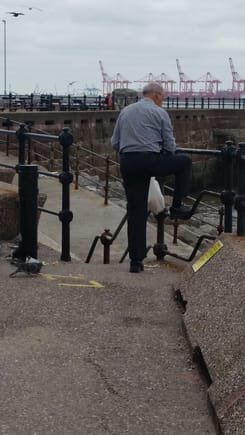 This man was just out by himself, feeding the gulls and pigeons.