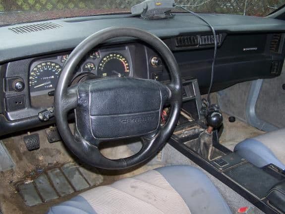 Interior From Driver Door - Notice Tach, Battery, Oil lamps are dead and has ghetto heater because heater core went out (to defrost windows) also holy crap this thing needs a bath. -NOT SHOWN- headliner is missing... i see pick-a-part visits in my future.