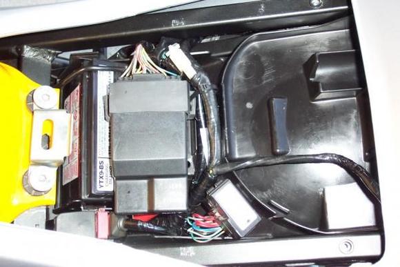 Final battery tray interior configuration.  Notice the battery cover is gone, neg battery terminal has plenty of length to connect right up, the ECU's new home on top of battery, rectifier rerouted to L side, &amp; fuse boxes mounted nicely.  Looks clean to me! :)  I like it &amp; hope you do too.