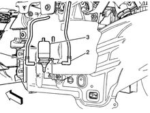 1 = Rear washer feed
2 = Windshield washer feed 

Tank & pump are behind the driver side fender liner.