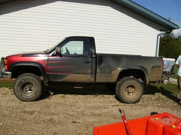 my brothers 1990 chev.
4 inch tonka lift, 15x10 american racing wheels, 33 inch tires. custom paint from the factory. true dual exaughst