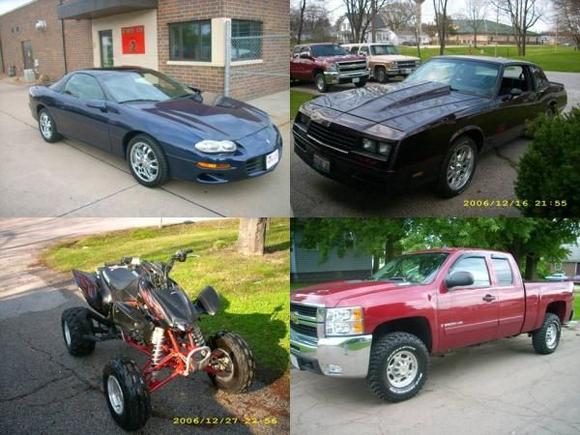 01 Camaro Z/28, 85 Monte Carlo SS, 07 2500HD, and 07 Honda 450R