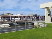 Getting on the ferry that takes you out there.