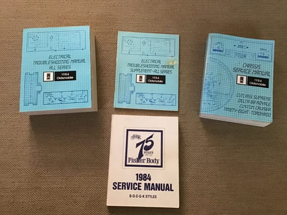 This is a whole set of Manuals I had from my 84 Ninety-Eight, complete set in excellent condition. I am willing to sell.