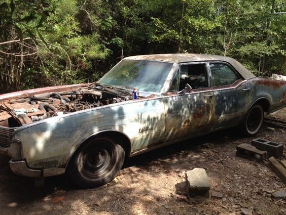 the car with tires... we had to slowly go around the car and break all the lugs free.  then, jack up one corner at a time and remove the rusted wheels.  'new to me' used tires from a friend enabled me to pull the car from this location to a clearing where we could load it.