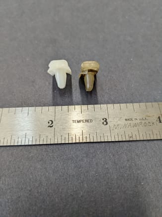 Aftermarket rear quarter clip on left, OE on right