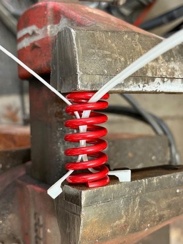 Saw a door spring compression hack on YouTube.  Compressed spring in vice, and cinched up the zip ties.  They held, for a while.  Not a good idea, at least on this vintage of spring.