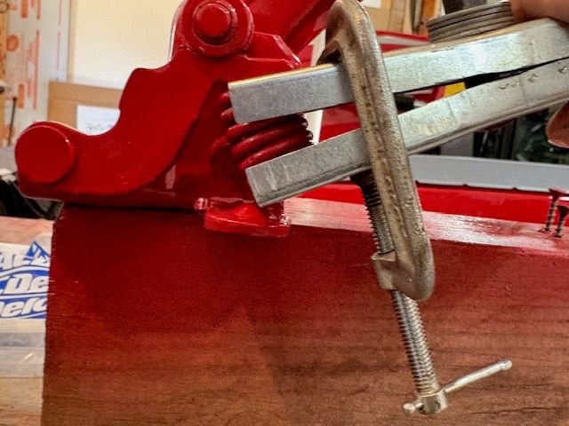 I don’t think I could have did the spring with the door hanging with what I had for tools.  Once spring was fully compressed, I slipped one end under the roller catch lever, and then pushed the bottom portion on to the bottom spring mount.
