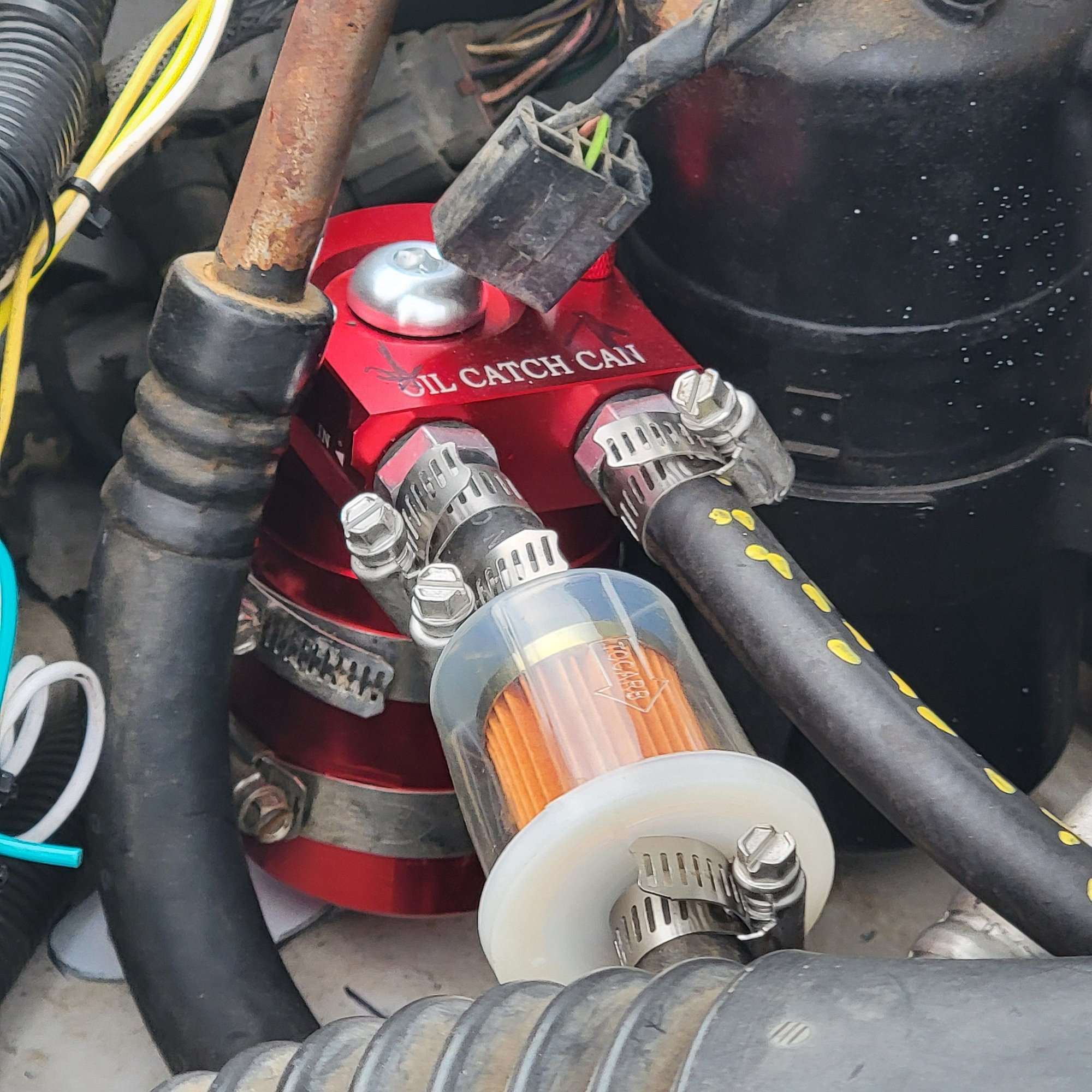 Fuel filter is to find out if the can is separating the oil out. Probably didnt need the hose clamps, the barbs are really tite