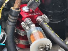 Fuel filter is to find out if the can is separating the oil out. Probably didn't need the hose clamps, the barbs are really tite