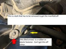 Pic 2 - yellow arrow shows the hidden bolt.  Red shows a rubber/plastic fastener that I don't know how to remove
