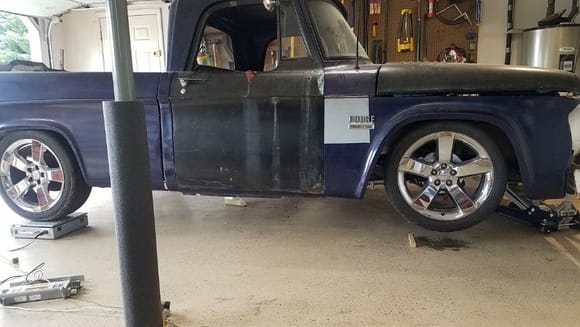 Truck getting weighed. I leveled the wheels not on the scales and did a front and back measurement. 