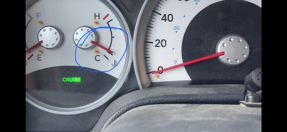 Before engine temperature goes over second mark.  Cruise and overdrive still work