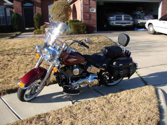 2009 Harley Davidson Heritage Softail Classic - another view of it. Here you can also see the Cougar and the Ram in the garage with the Buick in the drive. I have the cougar on dollies so its pushed about a foot from the far wall and I have to back the Ram in and climb out the passenger side when getting out so there is enough room to fit both the Vrod and the Heritage next to it.