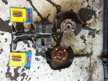 Prepped, cleaned, lubed, ready for new bearings, rotors, and pads.