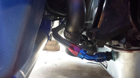The turbo also had to be clocked with the drain being between 6 and 5 o'clock. Otherwise the feed would hit the manifold flange. It's definitely sloping more though.