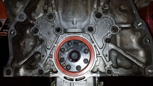 And here's a shot of the right side plate with the new rear main all buttoned up.