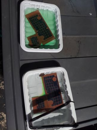 step 8 - I use a 3:1 ratio of hydrogen peroxide and muriatic acid to etch the boards.  The solution eats all the copper that isn't protected by the toner.