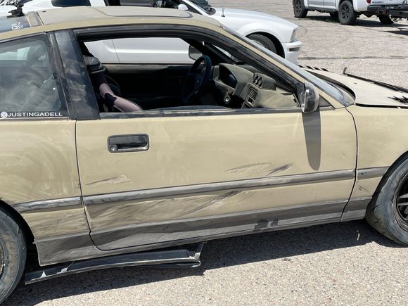 Hit a tire wall doing maybe 60mph? Not entirely sure…I have an in car and out of car camera on my YouTube channel. It hit the best possible spot. Ruined my side skirt, door and one of my wing uprights