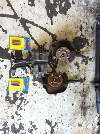 Prepped, cleaned, lubed, ready for new bearings, rotors, and pads.