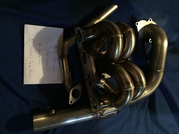 Go-Autoworks D16 CRX/EF T3 ram horn with 2 bolt 38mm EWG, 5 bolt flange downpipe, 38mm 2 bolt open dump tube.