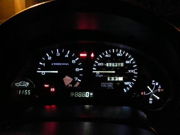 White LEDs from SuperBrightLEDs.com

I used the Cool White 74-xHP3 bulbs
(http://www.superbrightleds.com/cgi-bin/store/commerce.cgi?product=CAR&amp;next=50).

There are cheaper ones, the "74-x Wedge Base LED bulb", but they have a narrower beam and probably aren't as bright. The 74-xHP3 bulbs are great and worth the extra $2.30 per bulb. Plus, they're shorter than the non-HP's and I doubt a non-HP bulb would fit in the bulb space for the gas/temp gauge. Also, the further the bulb sticks out towards the front of the cluster, the worse the hotspots will be. I have barely any hotspots at all with the 74-xHP3 bulbs.  There are also the "74-xHP Wedge Base LED Bulbs", which are a little cheaper than the 74-xHP3 bulbs, and much better than the 74-x bulbs.  The xHP3 bulbs are the best though because they have 3 LEDs.  The xHP bulbs work pretty good too, just less bright and slightly more hot spots.

There are 7 bulbs in the cluster.

Sometimes the twist lock sockets don't want to turn well in the cluster, or have a hard time going into the hole (even though they fit fine). In that case, just keep swapping twist sockets and trying the stock sockets with the LED bulb or just keep trying. Just try not to break the plastic of the cluster.



For the dash switches, I used 3mm NEOx LED Instrument bulbs.
(http://www.superbrightleds.com/cgi-bin/store/commerce.cgi?product=CAR&amp;cart_id=5671260.10797&amp;nex t=50)

I just used the regular ones, not the SMD bulbs, because the wider beam isn't really necessary on the switches. I used a red one for the hazard switch (hazard switch only has one bulb), green for the indicators on the cruise and aux switches, and then orange for the defroster indicator. For the illumination of the letters on the switches you can use whatever color you want. So you'll need 2 green, 1 red, 1 orange, and then 3 of whatever color you want the illumination to be.

These bulbs are not a direct fit, but they are close. The tabs on the side of the socket are different, but you can use a razor blade to trim the tabs to make it work. Step 3 of this DIY shows where to cut.
(http://hondacivicforum.com/forum/showthread.php?t=70378)

For installing the 3mm neo-wedge bulbs in the switches, the best way to twist them is to use a flathead screwdriver that is the perfect size, i.e. the width of the flathead is exactly he width of the philips head slots on the back of the bulb socket. You'll easily break the socket by using an inappropriate screwdriver.



All of the LED bulbs are polarized, so if they don't light up, just flip them around to reverse the polarity.