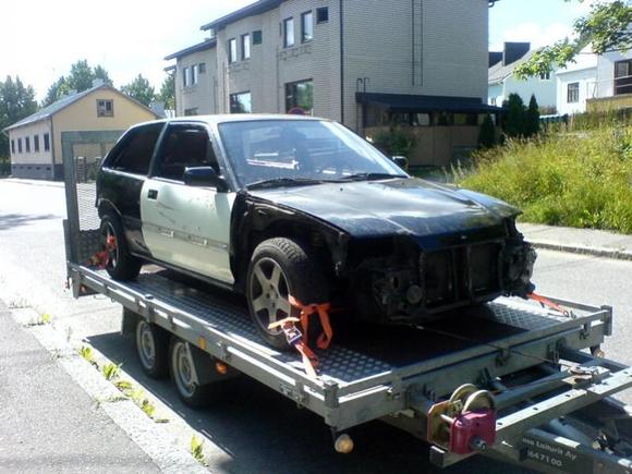 On the trailer, taking it to the paint-shop.
