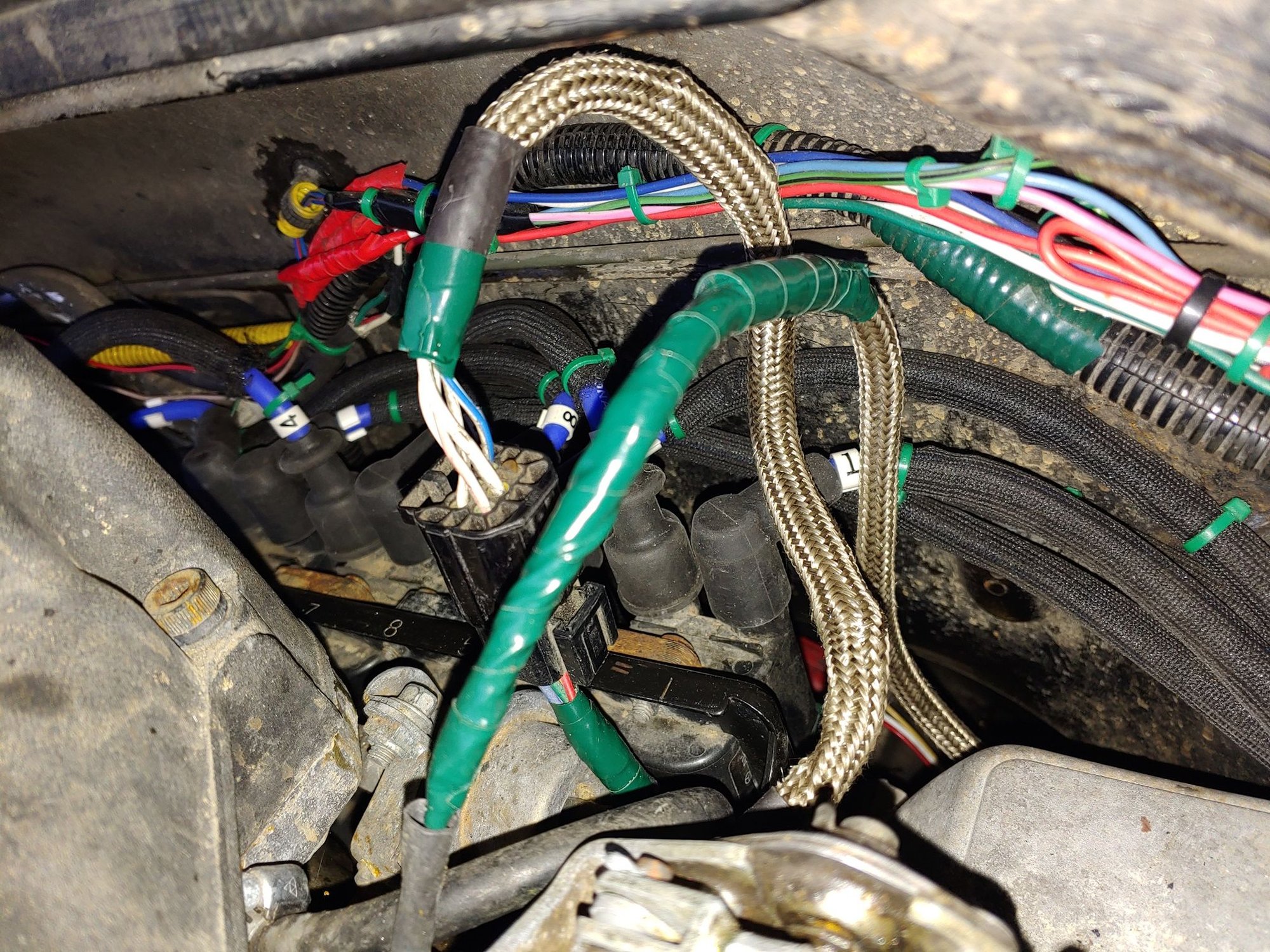 The repaired CKP wiring and coil pack wiring, a little long, but plan to zip tie them up so they are out of the way/safe.