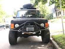 Fixed wiring to winch and it seems to work just fine. Will beef up mount for the fairlead and maybe weld in corners to protect the turn signals. 