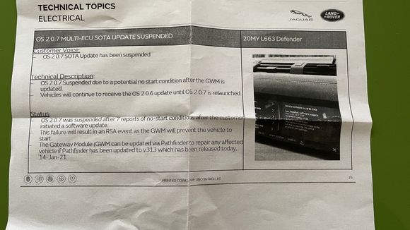 I took delivery of a 2020 P400 on NYE and have had all the troubles listed in this section. After going to the dealer twice just because nothing was working I came across this forum. Called today after realizing I have no software version at all and wondering if flashing the module or doing a USB update I would hope half the issues would be resolved instead they gave the above paper telling me  nothing they can do due to 2.0.7 leaving some defenders useless. Seriously considering returning 