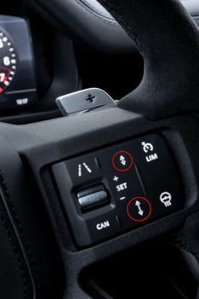 Steering wheel with Adaptive Cruise Control (has follow distance icons).