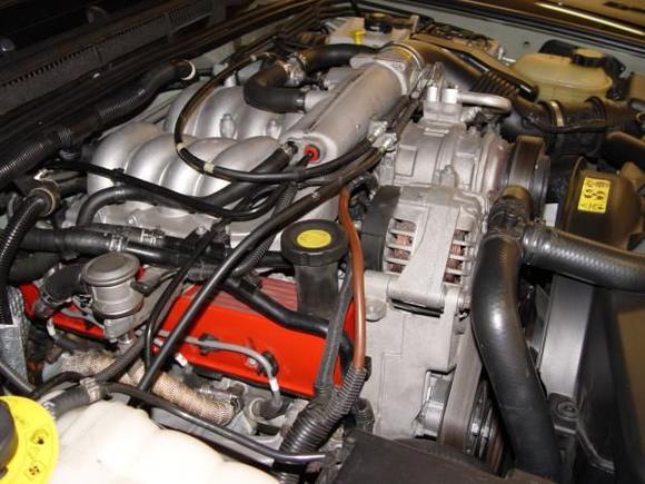 Ported heads and matched intake gasket.  De-sludged valve covers and shaved cast marks, then painted red.