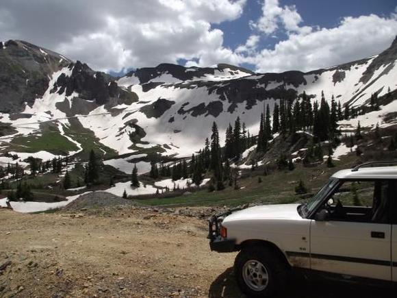 SanJuanPicsJuly2,2011.  At the Upper Camp Bird mine area looking at the zig zagging Imogene Pass trail which is not nearly plowed open yet.