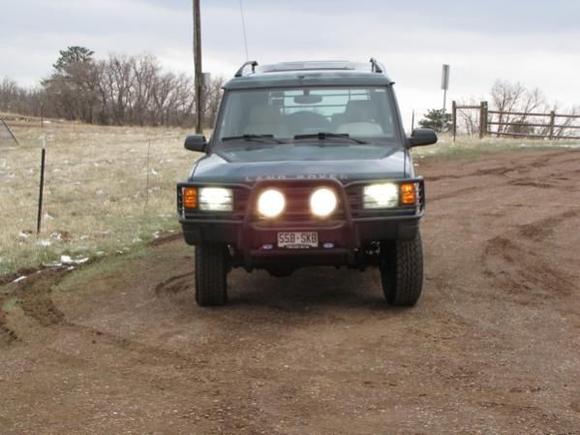 HID high beams and Hella Rallye 3000 driving lights.