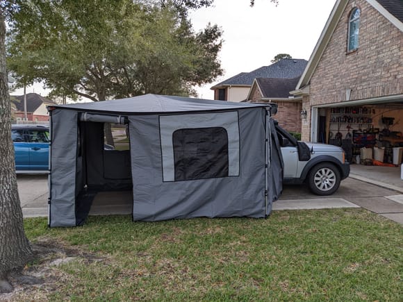 Alu-cab 270 degree awning with the wall kit being tested before our Padre Island Trip