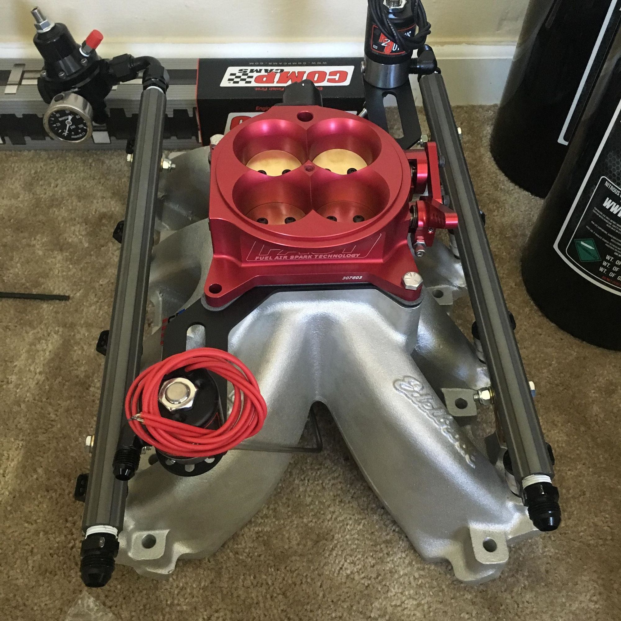Edelbrock Super Victor W/ Nitrous Outlet Puck Nitrous System Installed